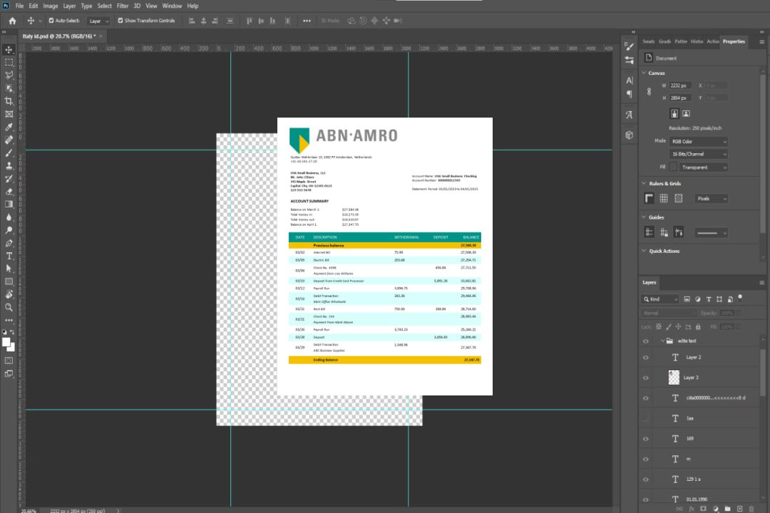 Modèle Word et PDF de relevé de compte courant de la société ABN Amro Bank template